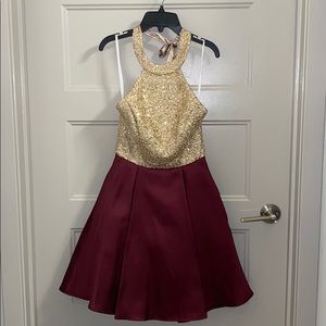 gold and maroon a-line dress